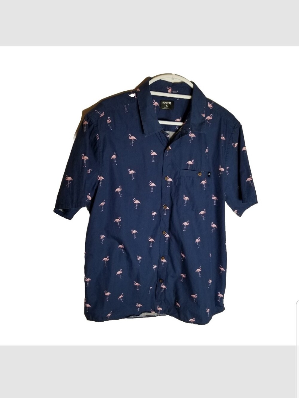 Hurley Shirt Men's XL Pink Flamingo Blue Short Sleeve Button Pocket